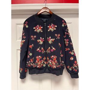 French Connection Navy Embroidered Applique Zip Up Jacket sz 12 NWOT